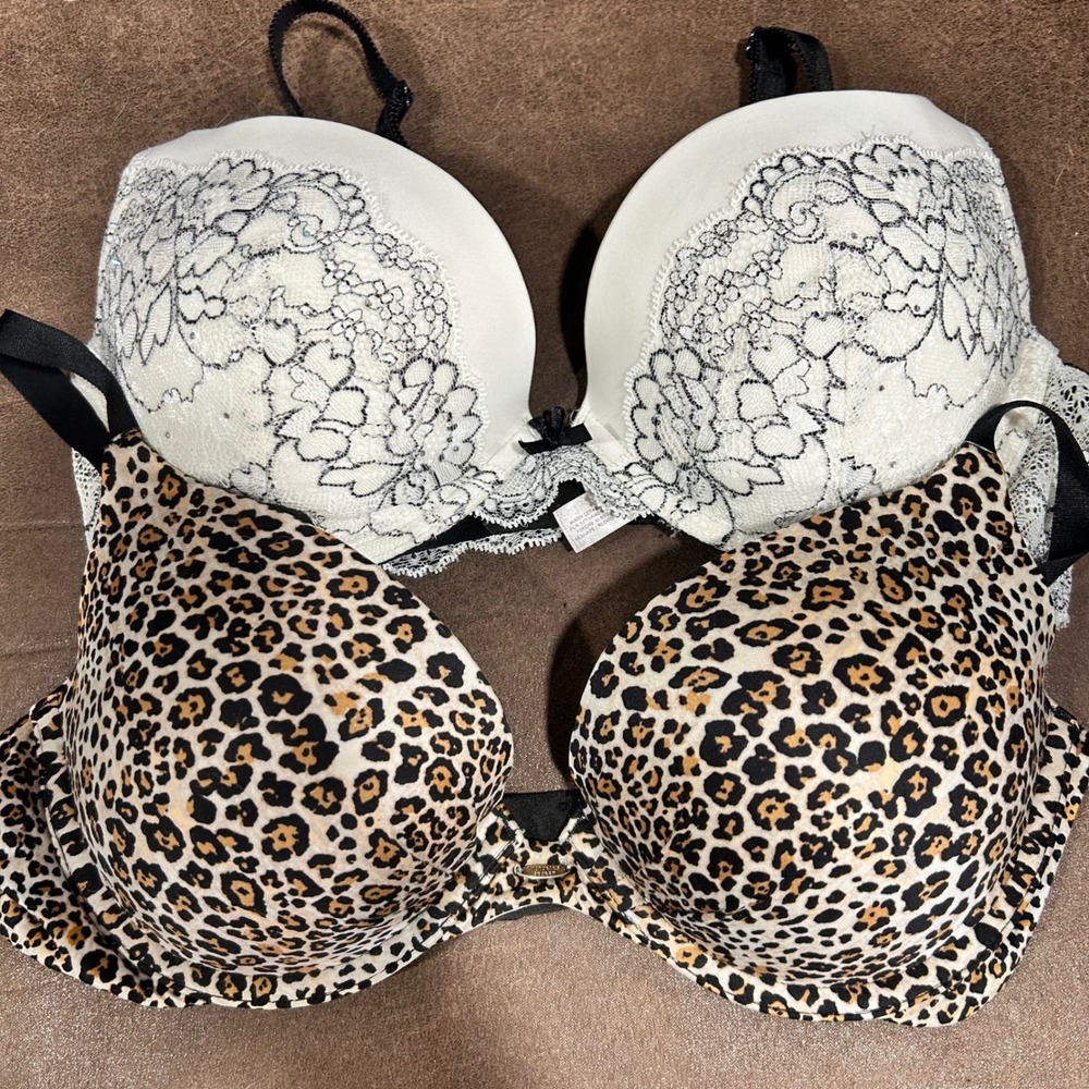 Victorias Secret Bra Bundle 36C Dream Angels Push Up & Fabulous Plunge Leopard